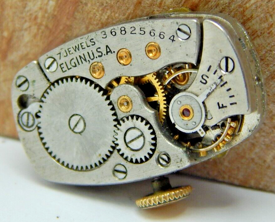 Vintage 1937 Elgin 529 7 jewel 21/0s art deco wrist watch movement with dial