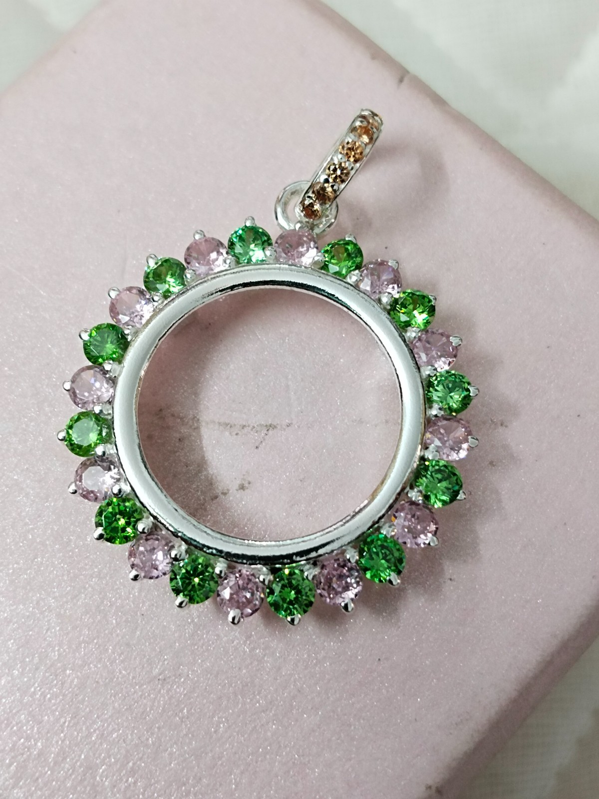 925 Sterling Silver Round Bezel Pendant Blank Green & Pink CZ Handmade Coin