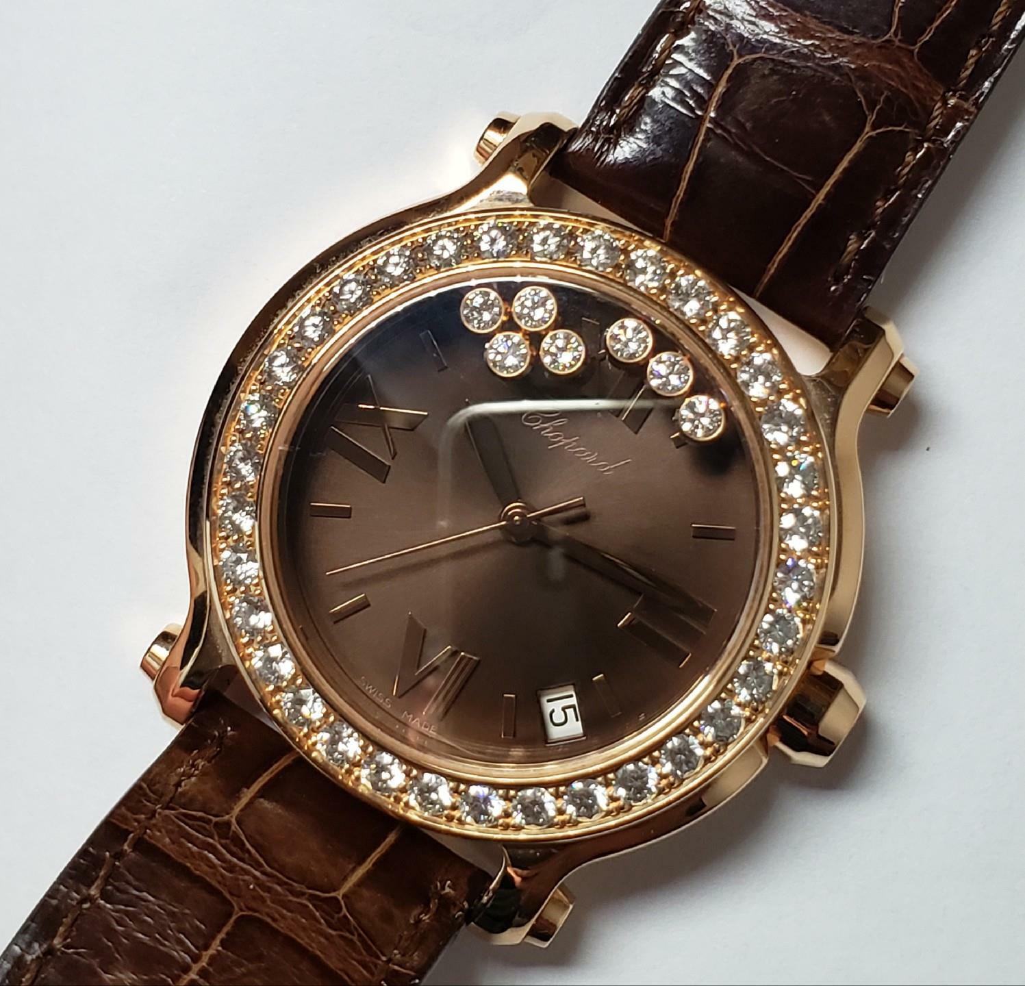 Chopard Happy Sport 18k Rose Gold Chocolate Dial Factory Diamonds 277473-5008