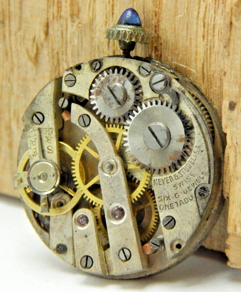 Vintage Meyer & Studeli 6 jewel 1 adjustment 0s watch movement with dial & crown