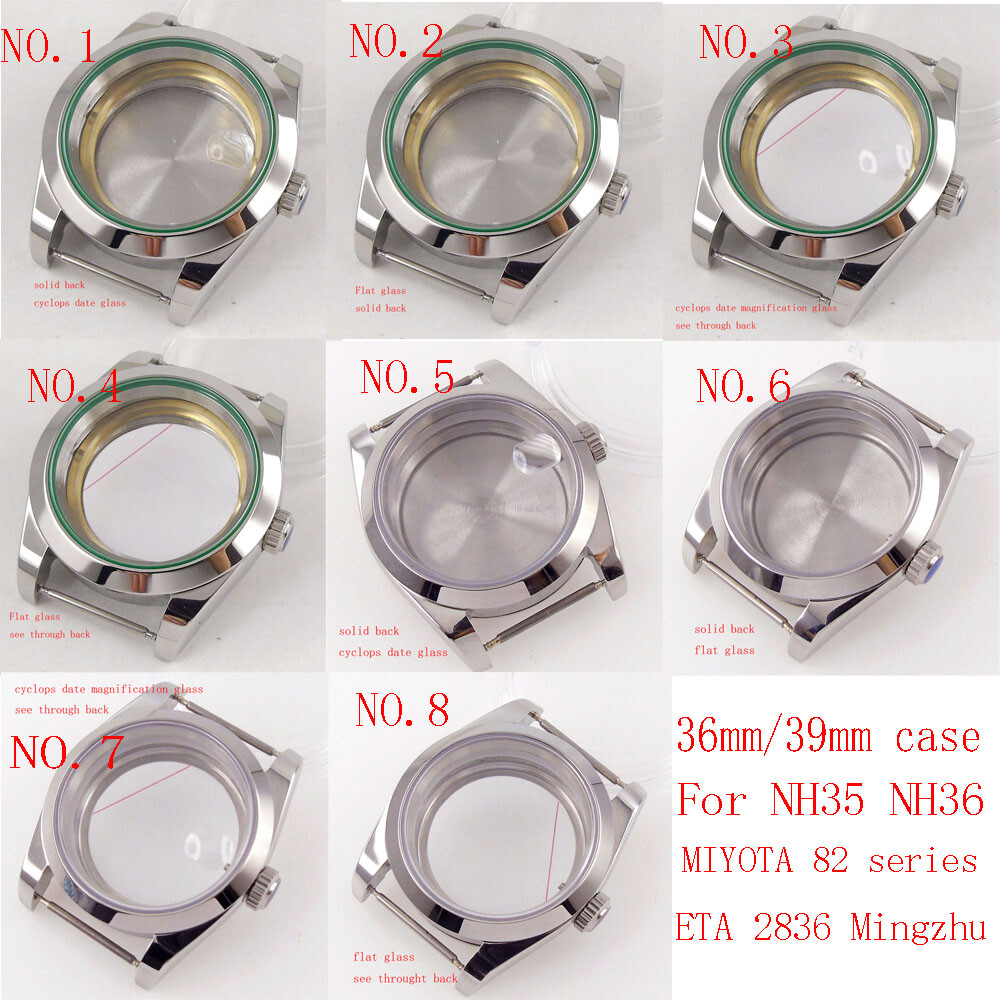 Bliger 36mm/39mm Silver watch case sapphire glass for NH35 NH36 MIYOTA 8215 821A