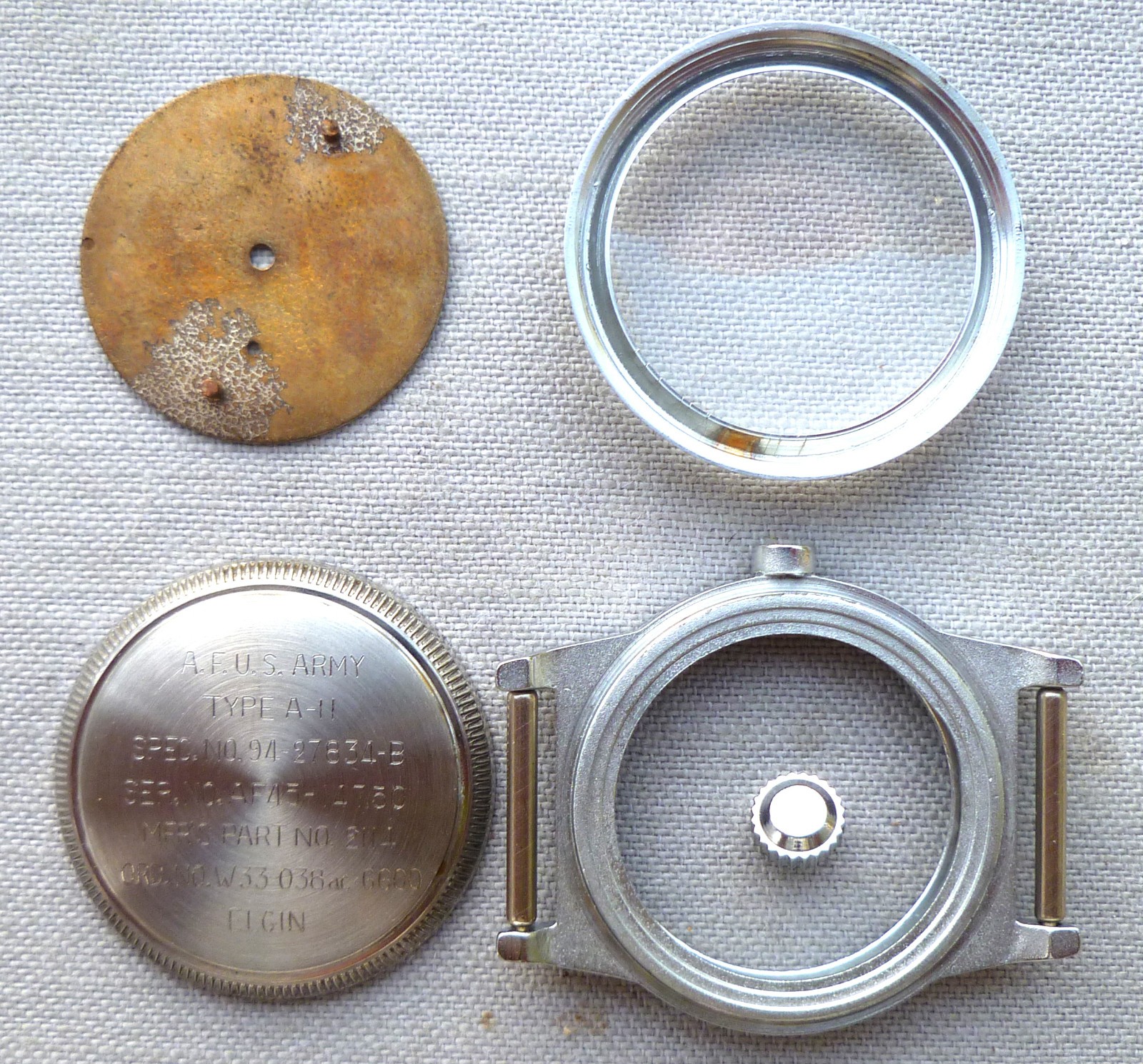 ELGIN TYPE A-11 WWII Watch Restoration Kit NOS Case, Dial, Crown & Strap