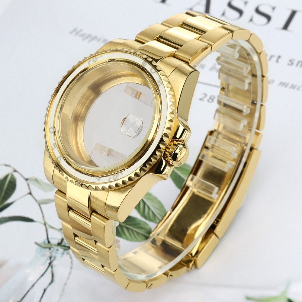 Sapphire 40mm Luxury SUB Golden Watch Case Date+Band For Seiko NH35 38 Movement