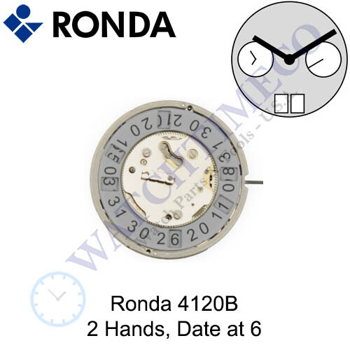 Genuine Ronda 4120B Watch Movement Swiss Parts 2 Hands, Date at 6