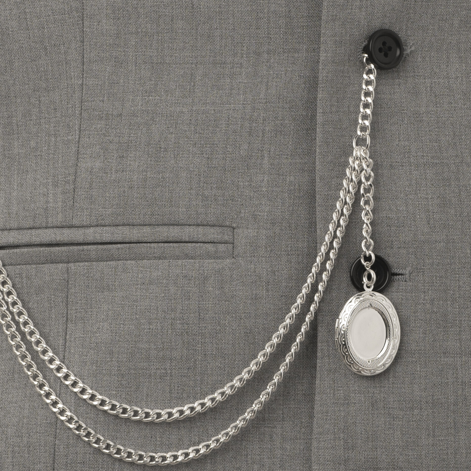 New Sterling Silver Color Single Albert Pocket Watch Chain with Locket Pendant
