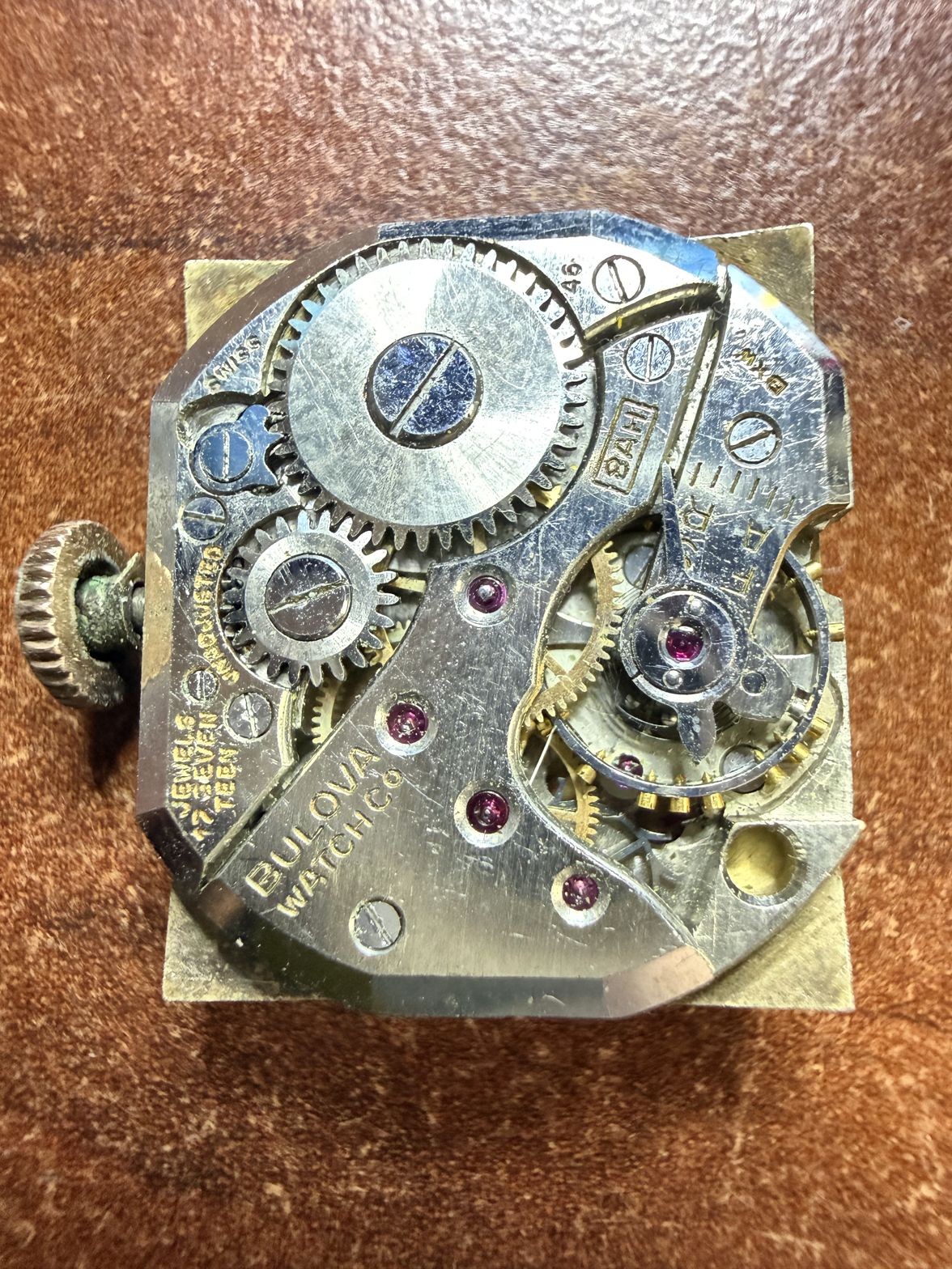 Bulova 8AH 17 Jewels Rectangular Movement Stripped Dial Not Running Parts