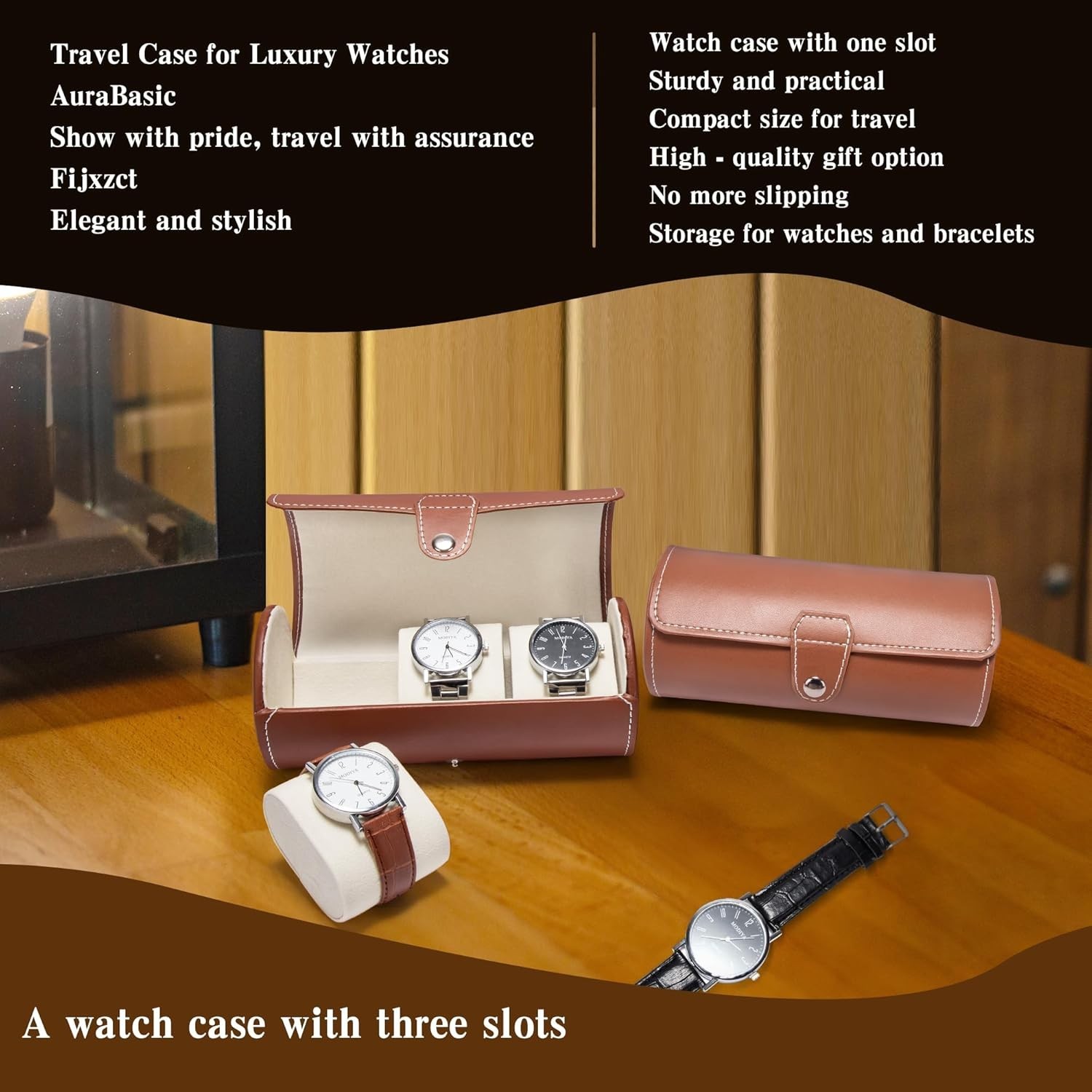 Watch Roll Travel Case Leather – 3 Slot Watch Holder Storage for Travel &#