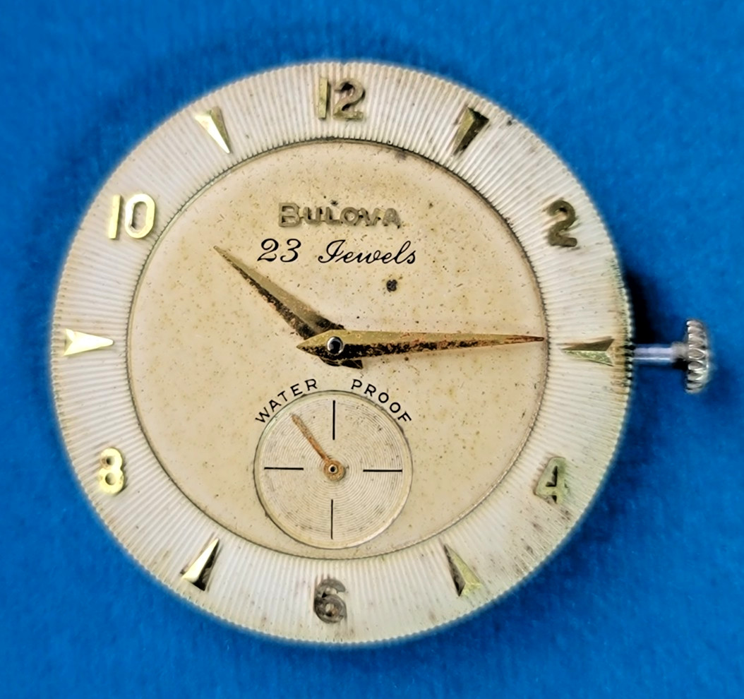 Bulova 10BP 23J 6-Adj Movement w/ Dial & 14K Gold Signed Crown – Runs – SB4g