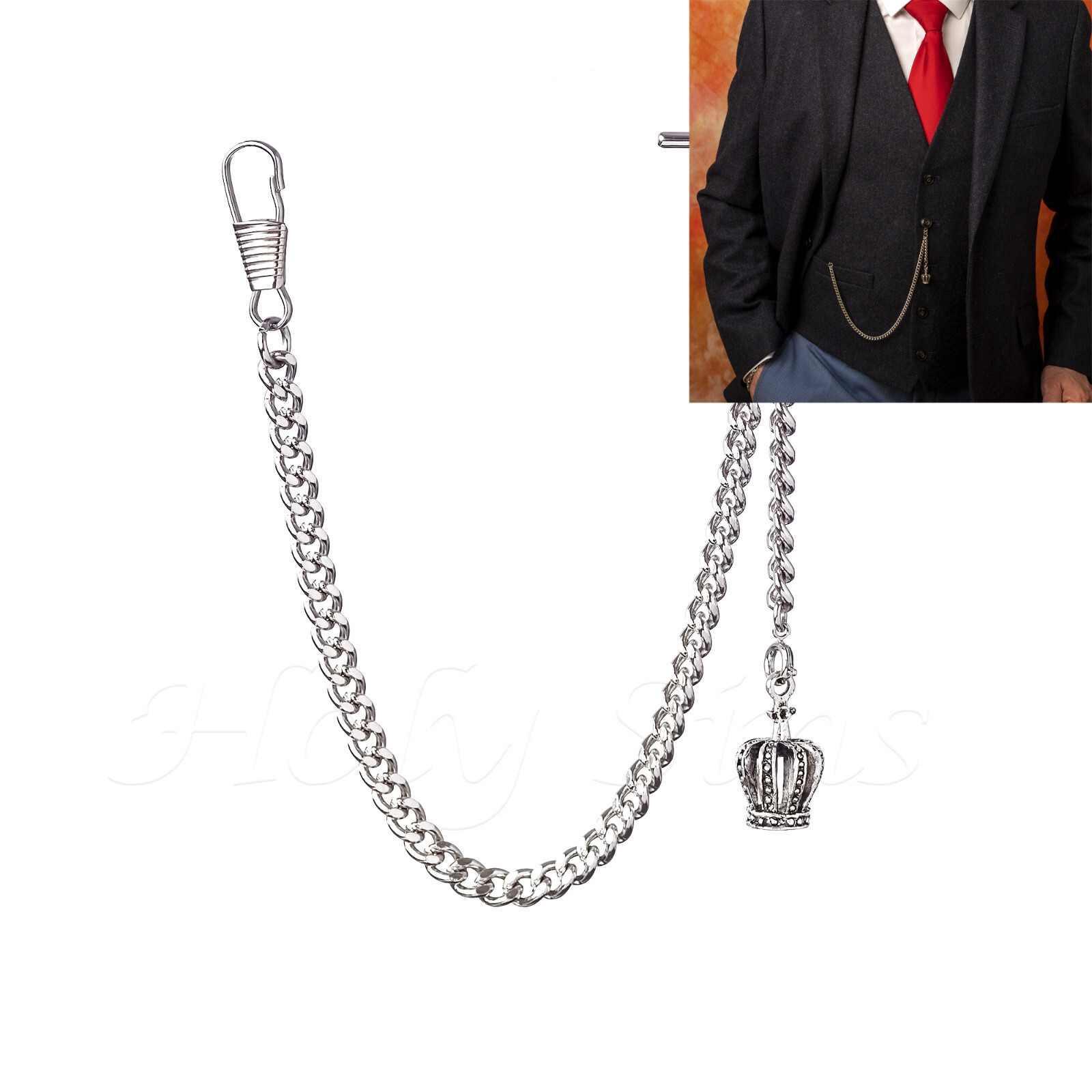 Silver Colour Single Albert Pocket Watch Chain With Crown Pendant 024-S