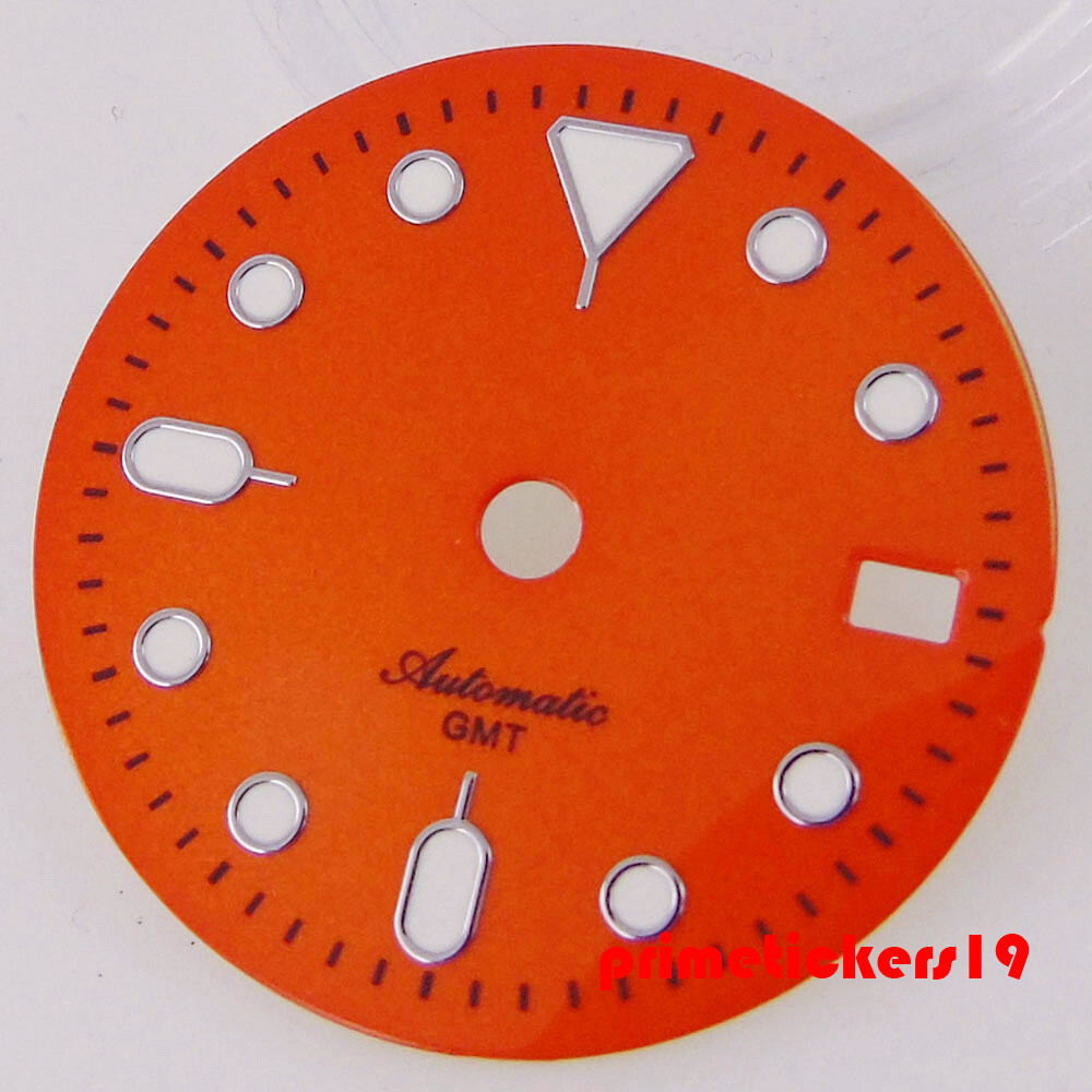Fit NH34 GMT Movt 29mm Sterile Watch Dial Black Orange Face Date Hands Luminous