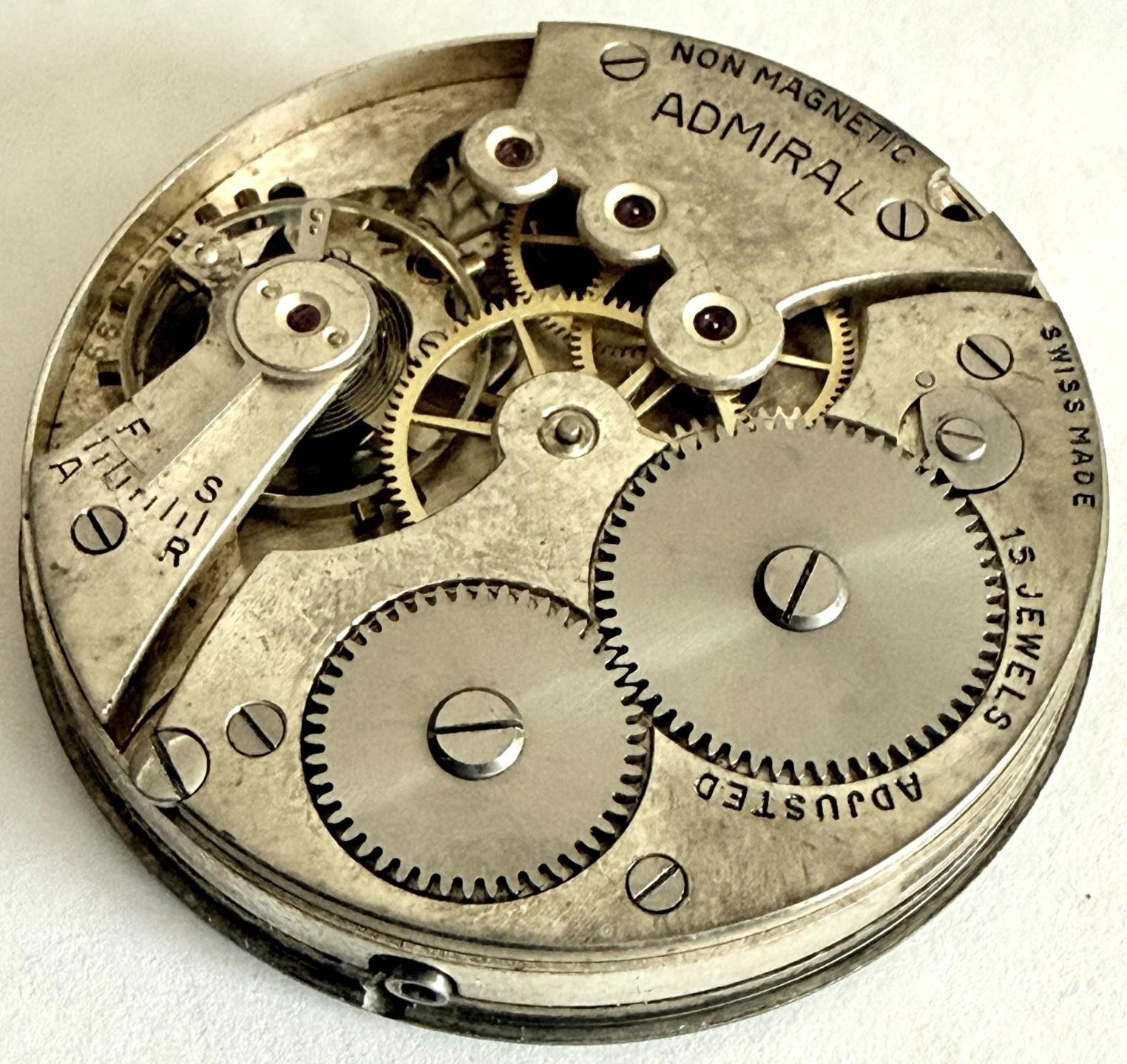 ANTIQUE 43.1MM NON-MAGNETIC ADMIRAL 15J POCKET WATCH MOVEMENT FOR WATCH PARTS