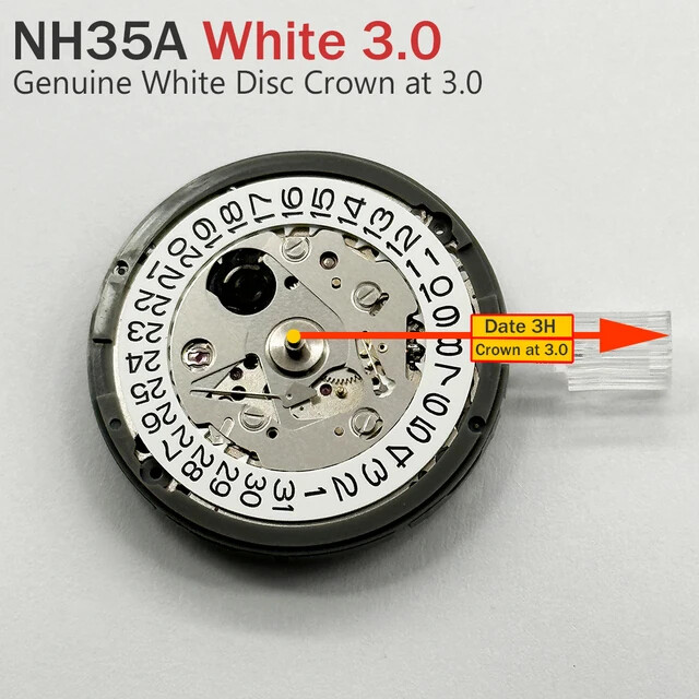 Japan Genuine NH35 Movement Crown at 3.0/3.8 O’clock White/Black Datewheel 24 D