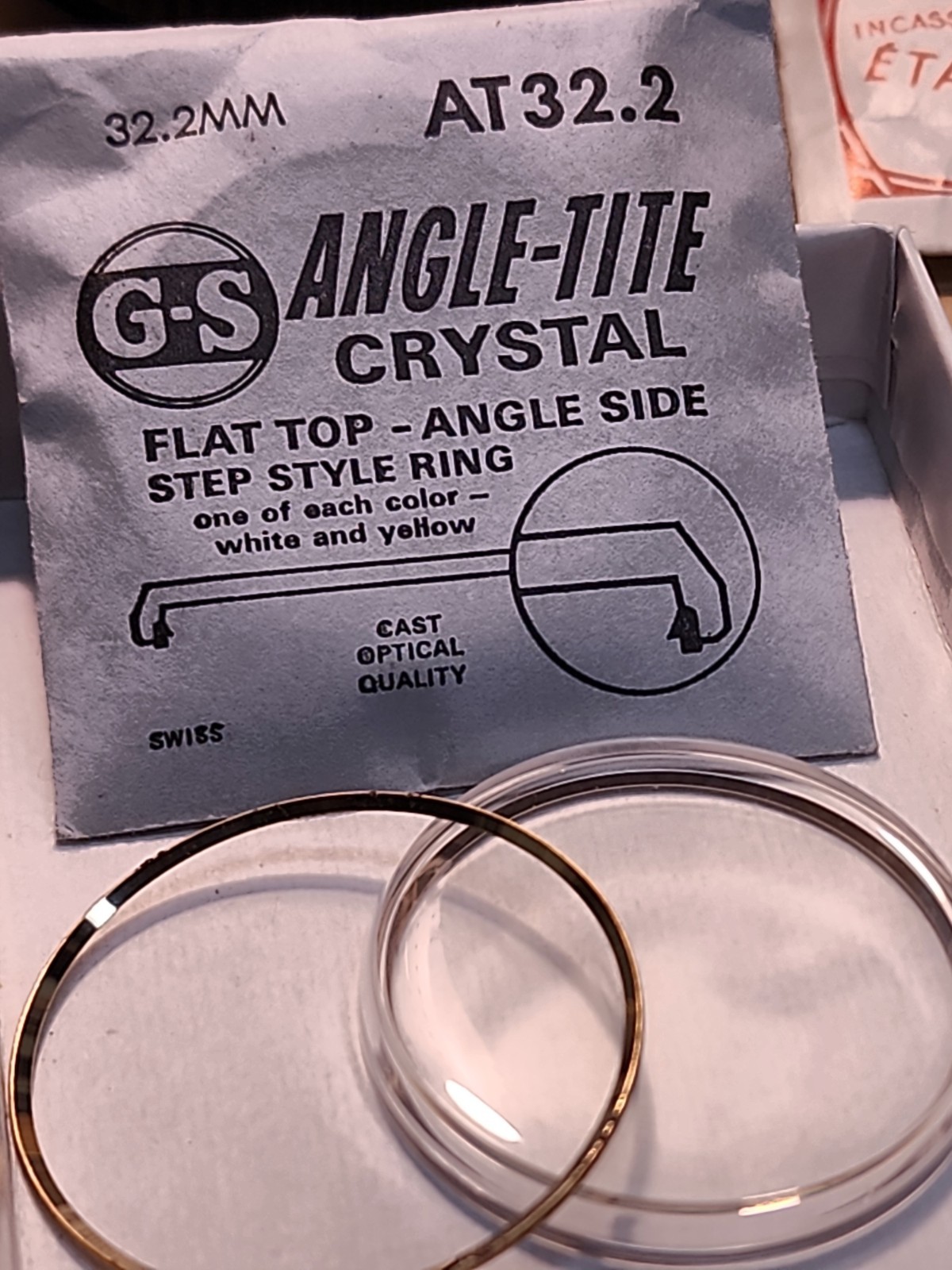 Vintage NOS GS Angle-Tite AT32.2 32.2mm WW Flat Top Crystal-W/2 Armor Rings