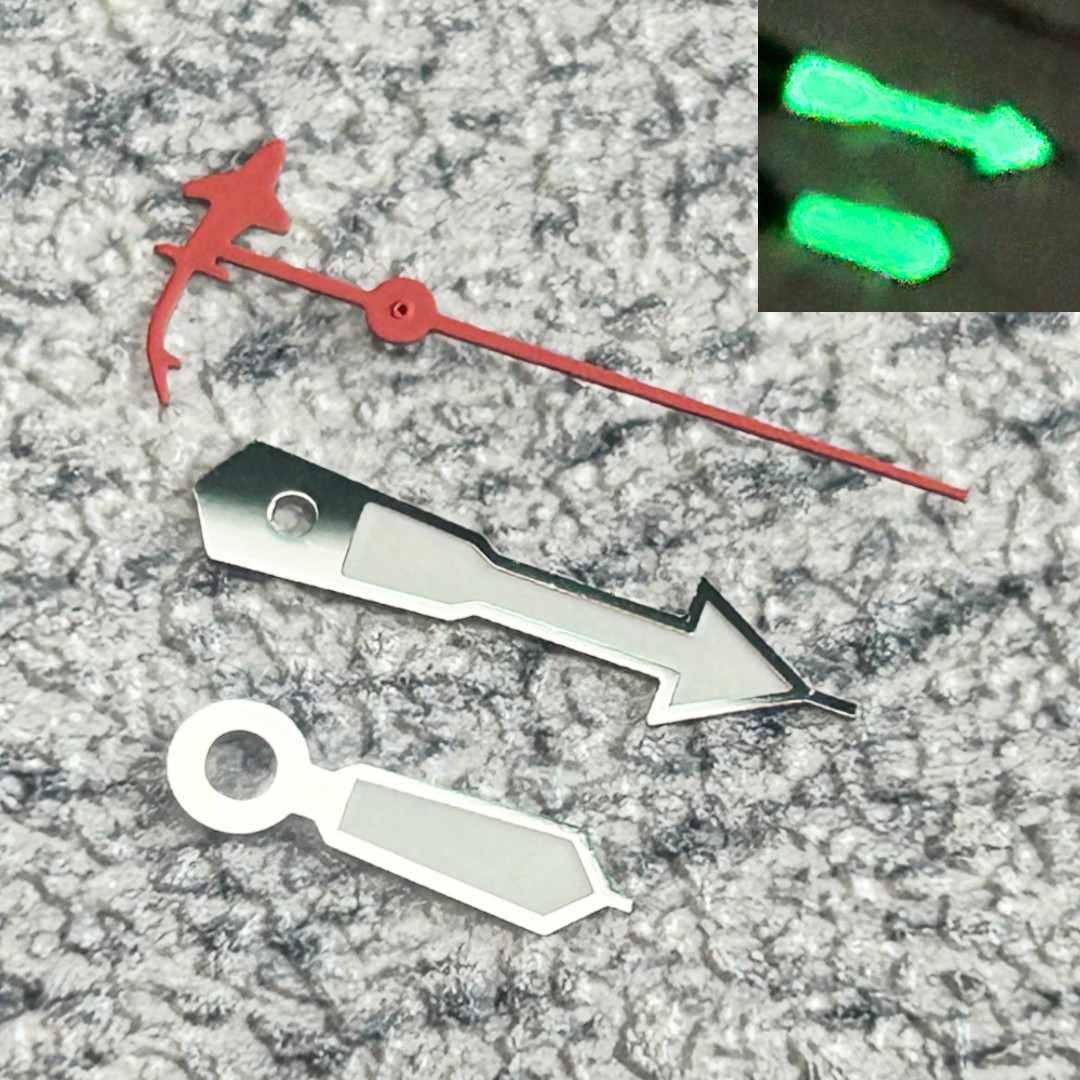 Silver “CLASSIC ARROW” Red Shark Hands Fits NH35,NH36,7s26,7s36. Green luminous
