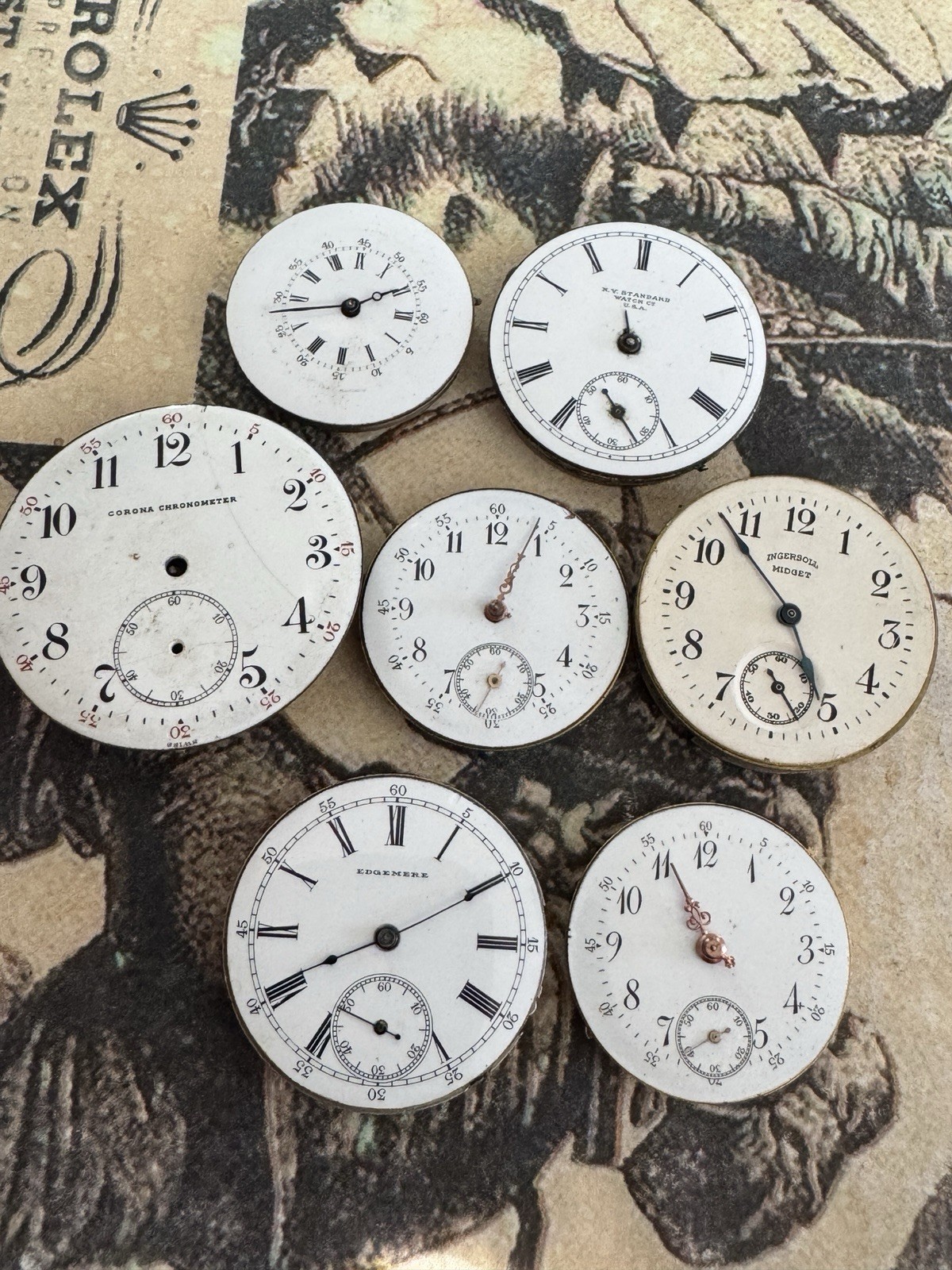 Lot Of 7 Antique Pocket Watch Movements With Porcelain Dials