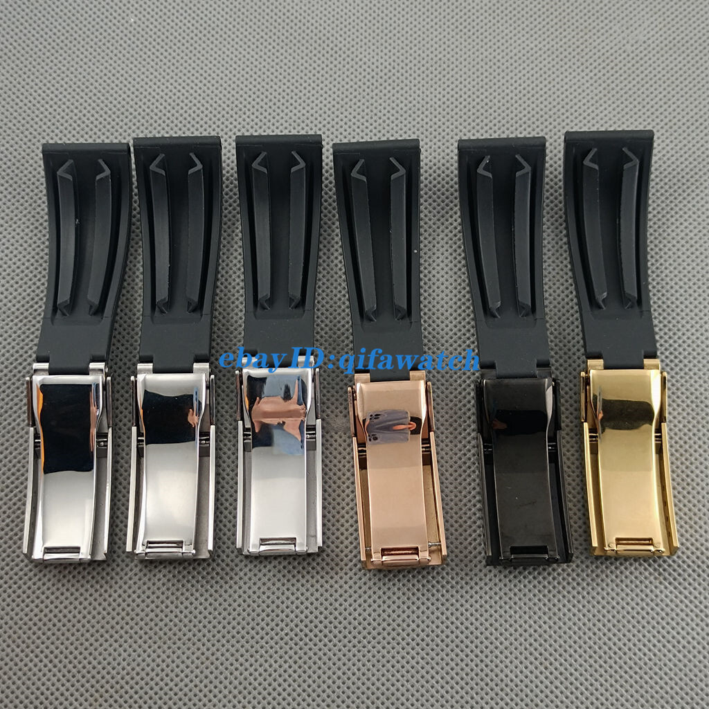 20mm black Rubber watch strap with steel silver/ rose gold black buckle