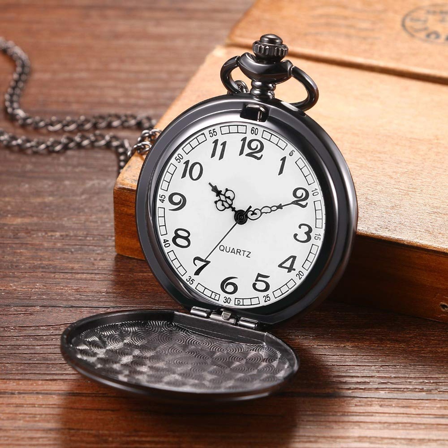 Set of 2 Classic Pocket Watch with Chain for Men and Women Black Silver