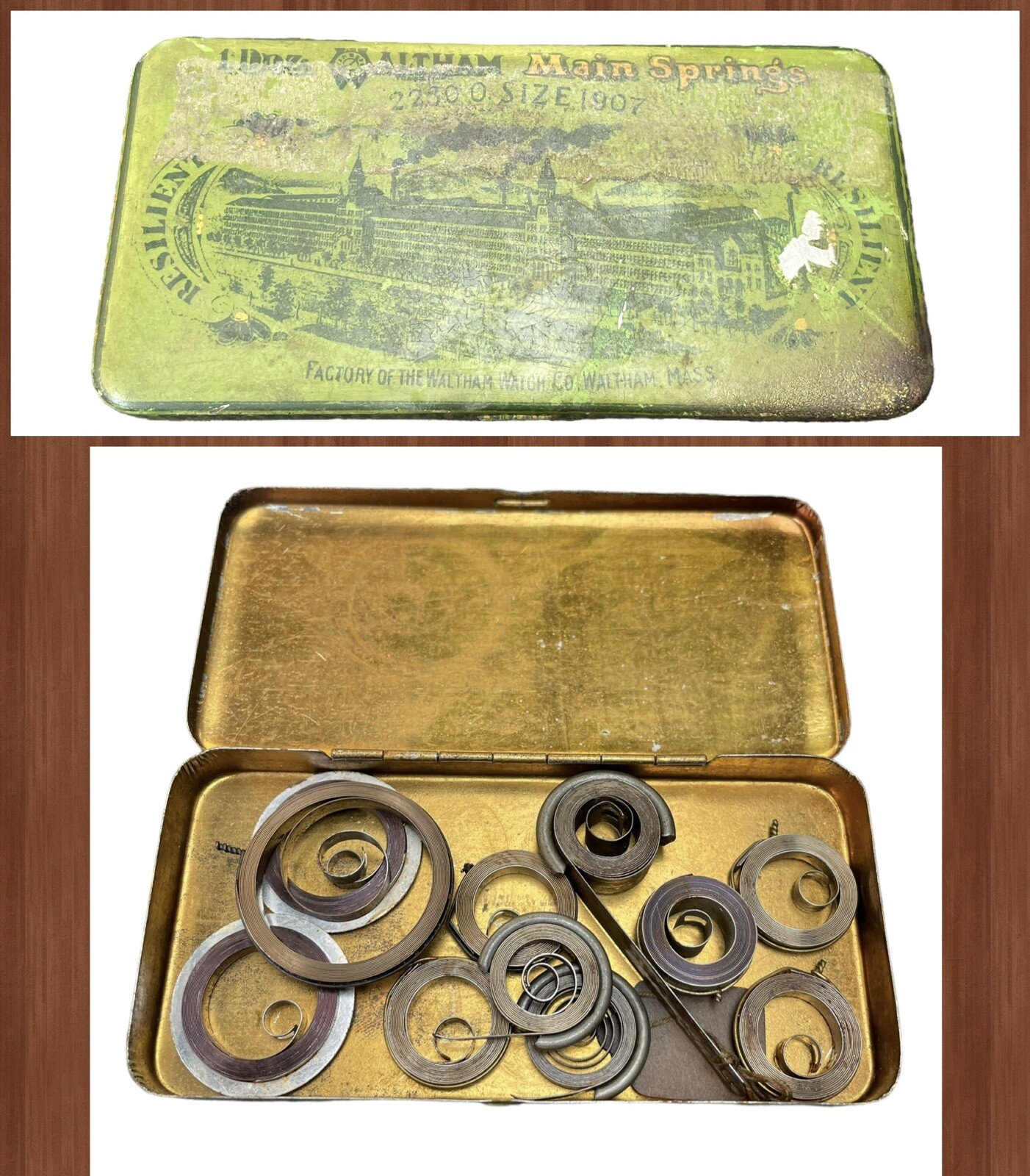 Antique Waltham 2300 Size 1907 Resilient Mainsprings in Original Green Tin Box