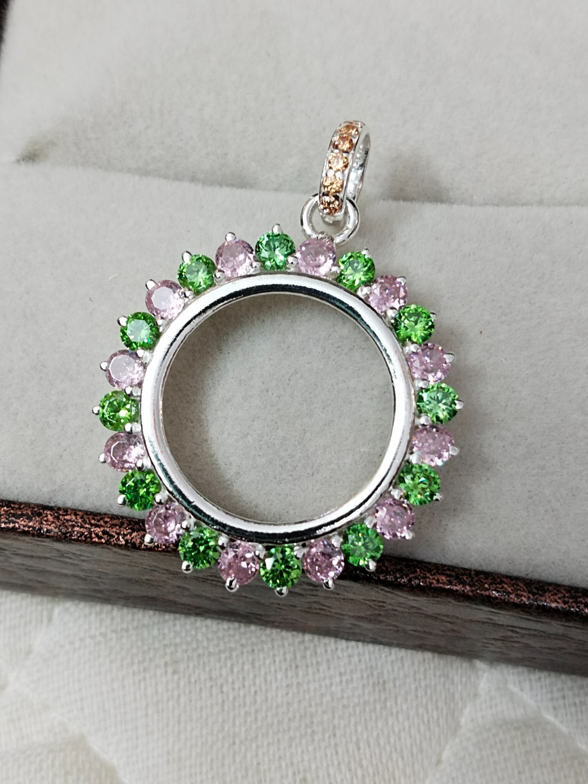 925 Sterling Silver Round Bezel Pendant Blank Green & Pink CZ Handmade Coin
