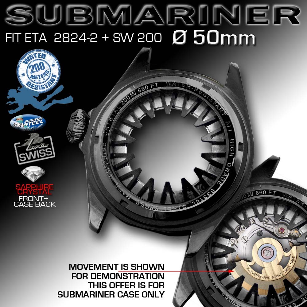 SUBMARINE CASE Ø 50 MM, 200M ATM, ETA 2824-2 OR SW 200, ST-STEEL, BLACK PVD