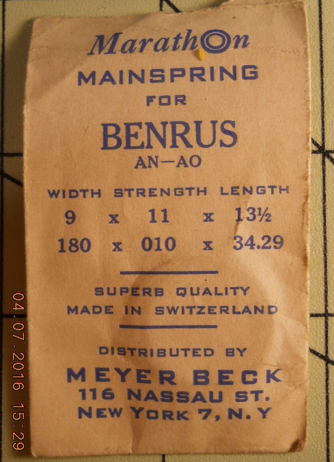 MEYER BECK MARATHON BENRUS AN-AO Watch Mainspring 9 x 11 x 131/2 180 X 01X 34.29