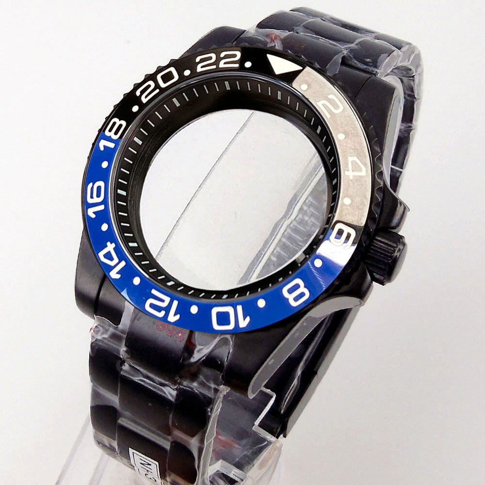 40mm Black PVD Sapphire Glass Watch Case Fit NH35A NH36A ETA2824 PT5000 Rubber