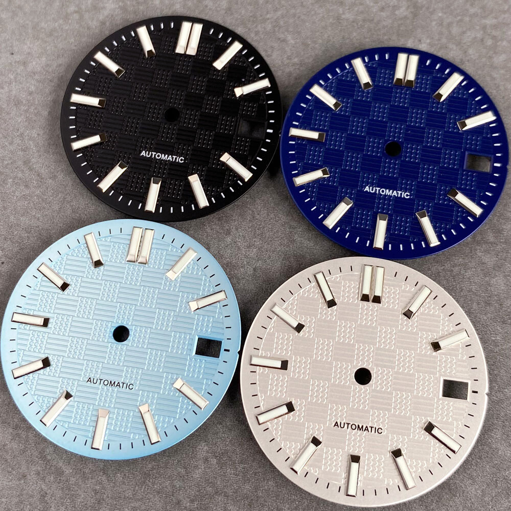 28.5mm Tandorio Black White Blue Texture Luminous Dial For NH35 NH36 Mens Watch