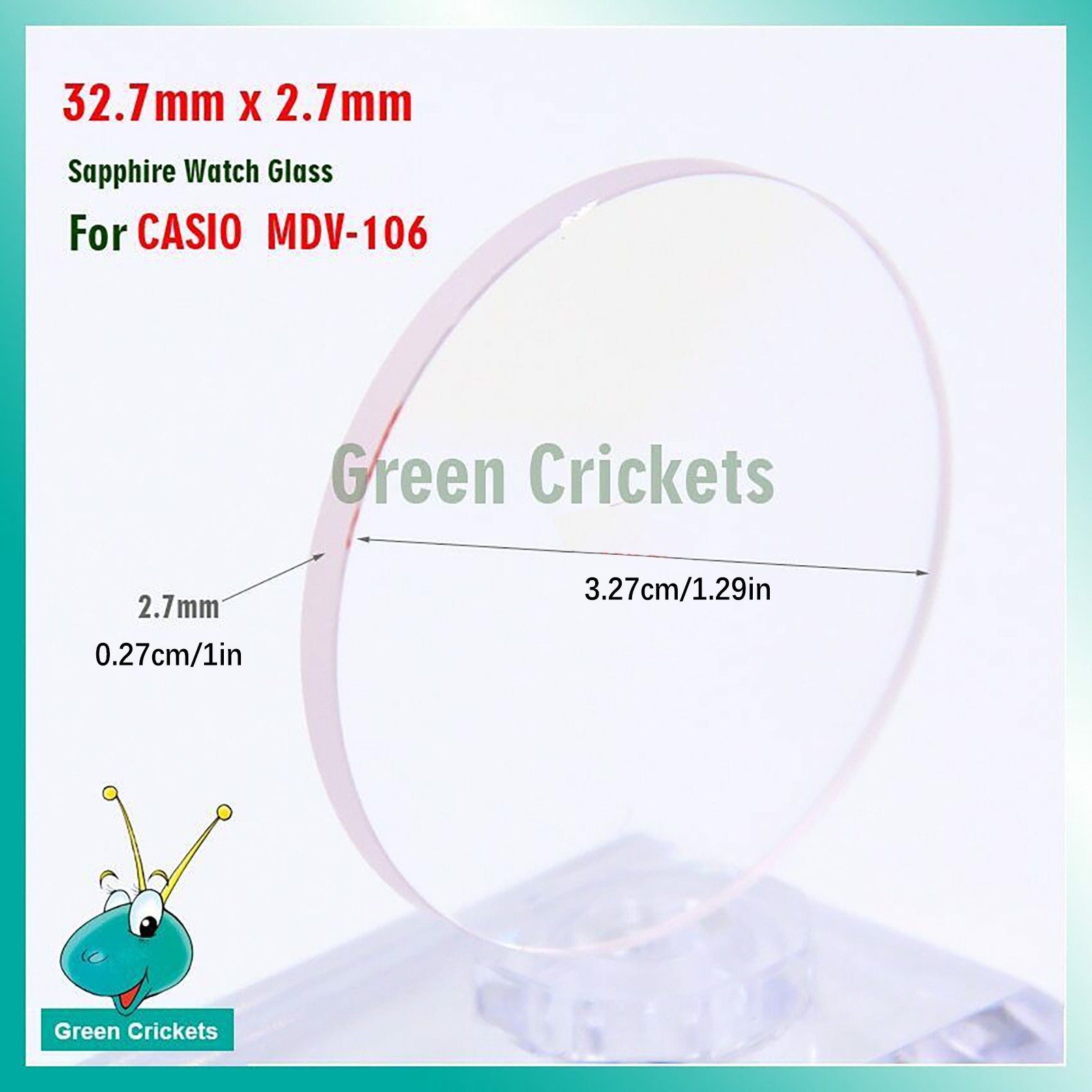 Sapphire Flat Watch Glass Replacement Parts 32.7mm x 2.7mm For Casio MDV-106