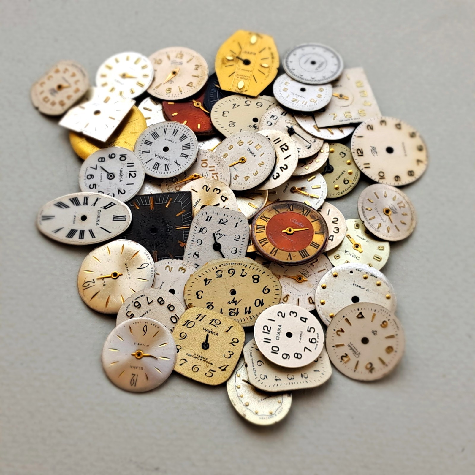 Lot of 53 Vintage Watch Dials • Mixed Shapes & Colors • USSR/Soviet • Steampunk