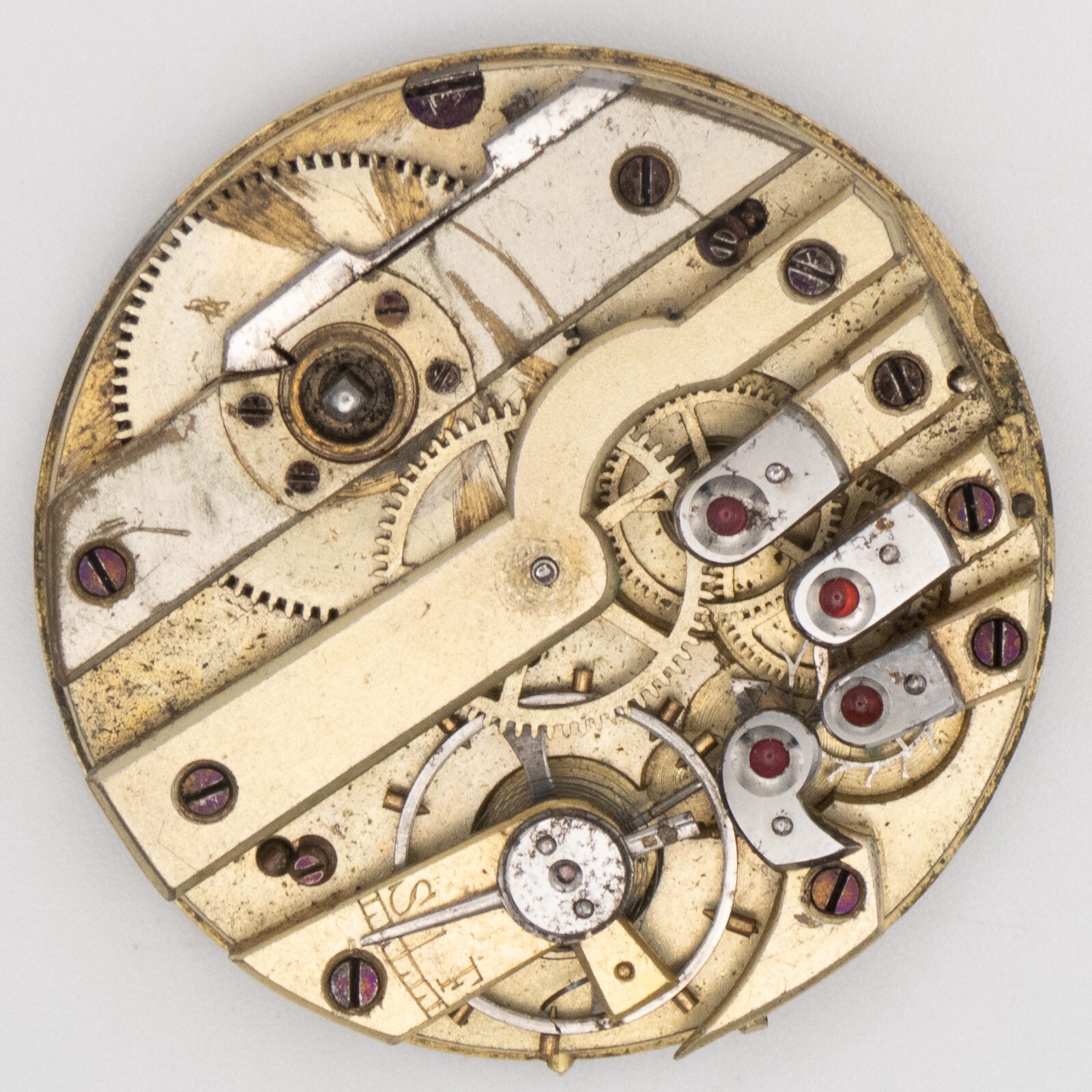 Unsigned 33.6 x 7.7 mm Key Wind Antique Pocket Watch Movement, Nice 2-Tone Dial