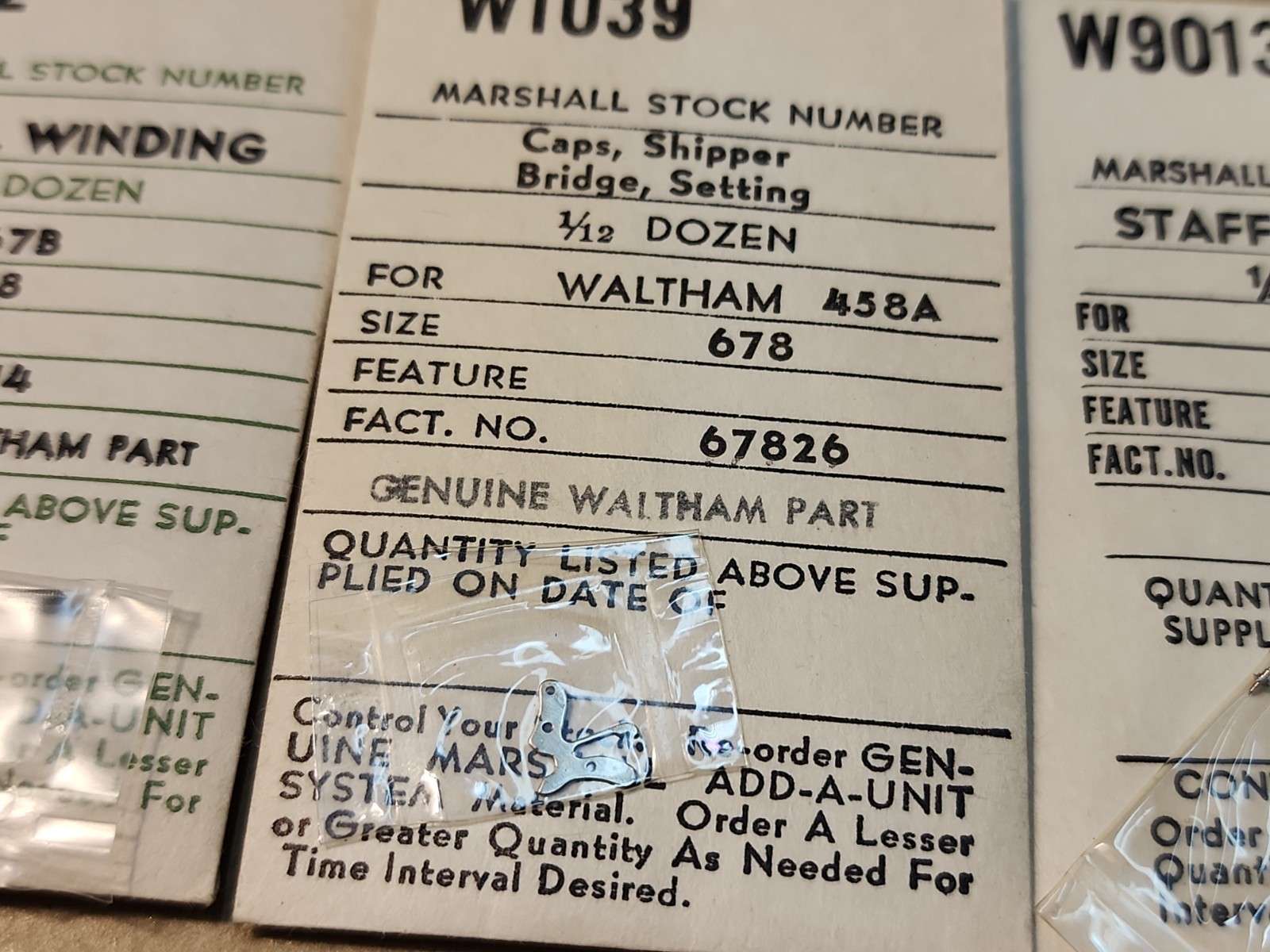 Lot Of NOS Waltham 678 Parts-Winding Arbor, Shipper Bridge Cap, & Balance Staff