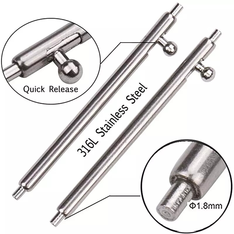 QUICK RELEASE Spring bars, 316L Stainless Steel, 1.8mm Heavy Duty, 20mm 22mm