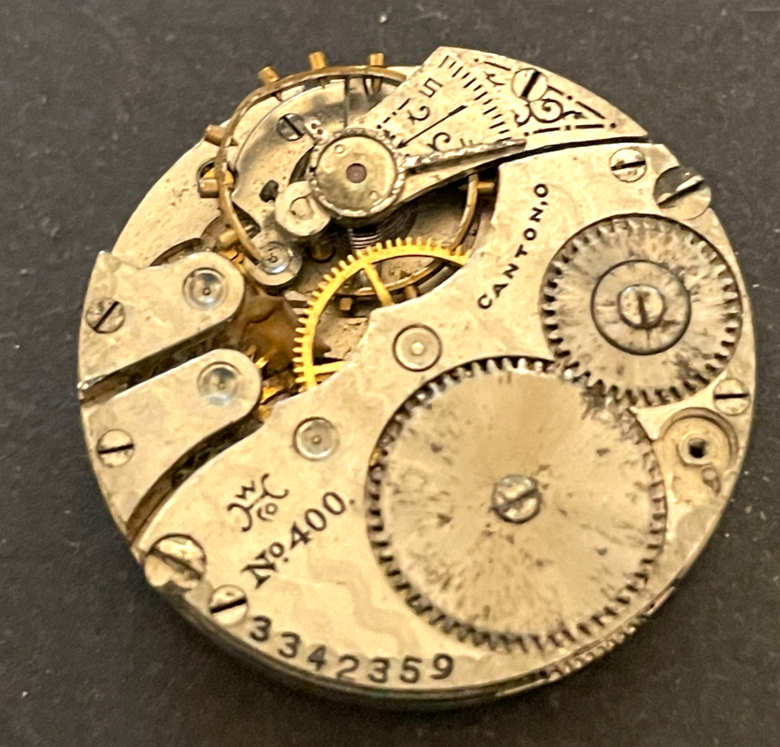 Antique 1915 Hampden Grade 400 Watch Movement Gold Dial Parts/Repair 3/0s 7j USA