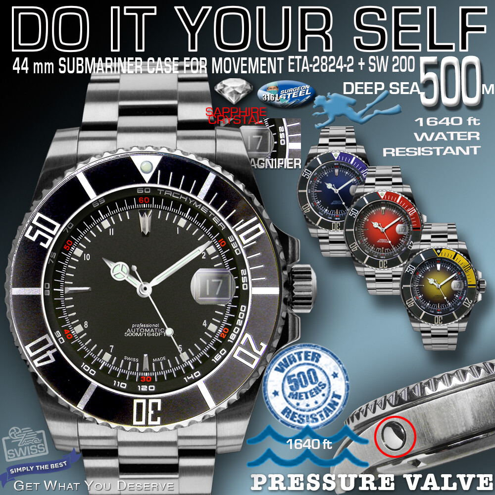 SET: CASE SUBMARINE 500M,1640 FT, ST-STEEL, DIAL/HANDS/BAND, FIT ETA2824/SW200