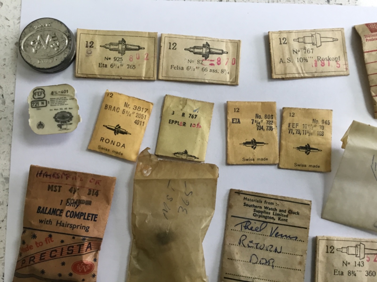 joblot vintage NOS Ronda dcn watch balance staff packets and other parts