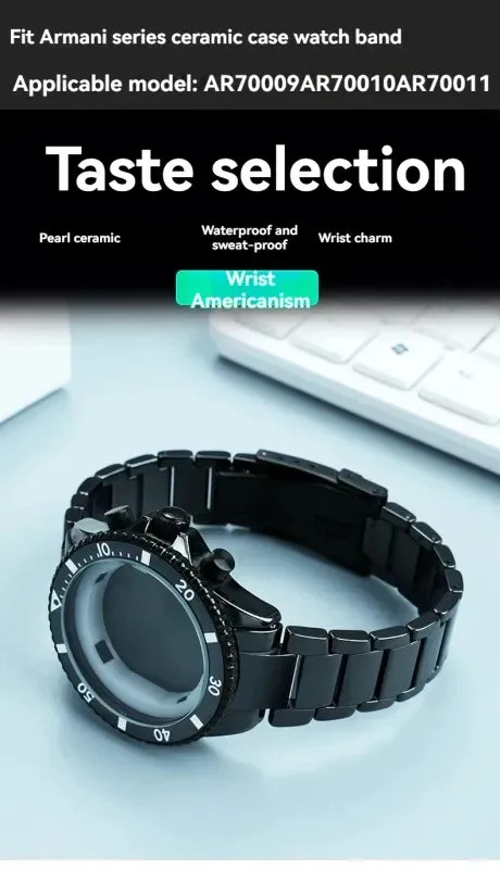 Ceramic Shell Watch Band for Armani AR70009 AR70011 Three Eye Black Blue Premium
