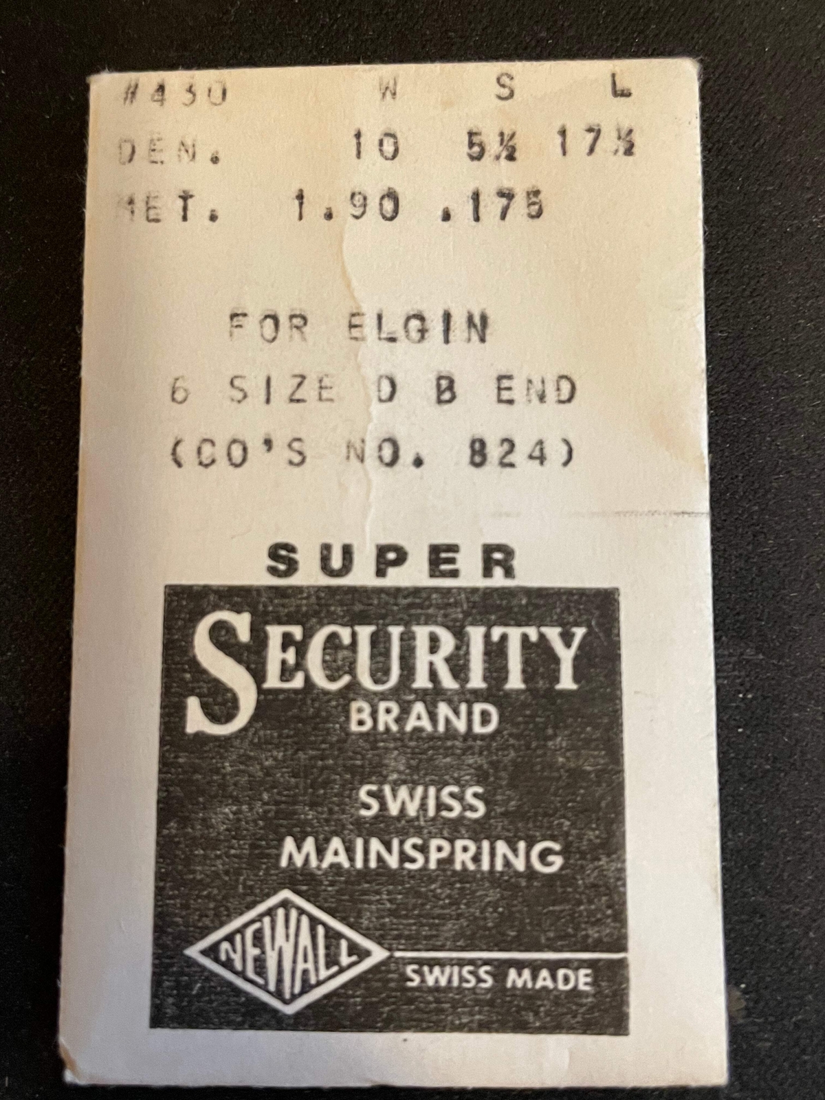 Newall SUPER Security Mainspring #430 for Elgin 6s Factory No. 824 – Alloy