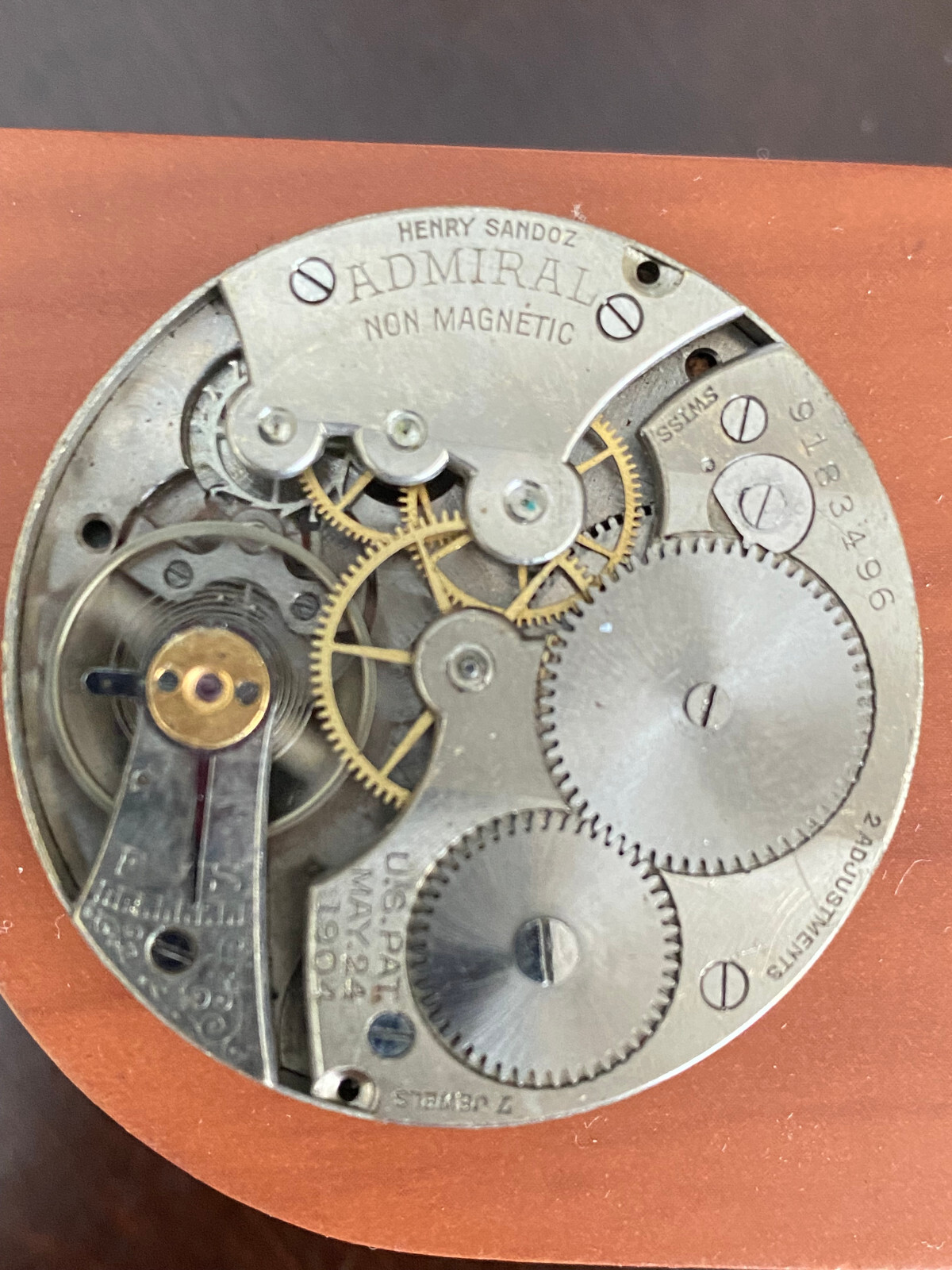VINTAGE 16 SIZE HENRY SANDOZ ADMIRAL POCKET WATCH MOVEMENT, KEEPING TIME