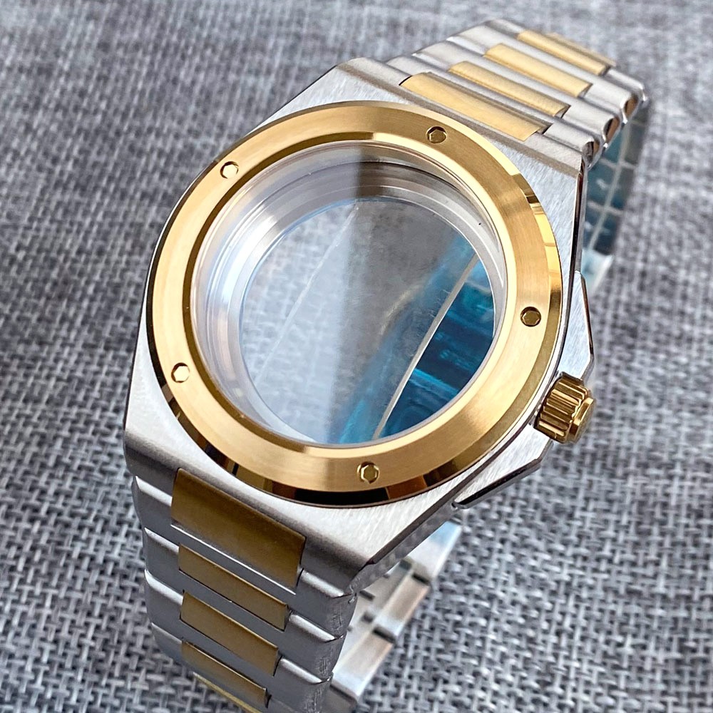 Two Tone Gold 40mm Sapphire 200M Dive Watch Case Fit NH35 PT5000 Glass Back