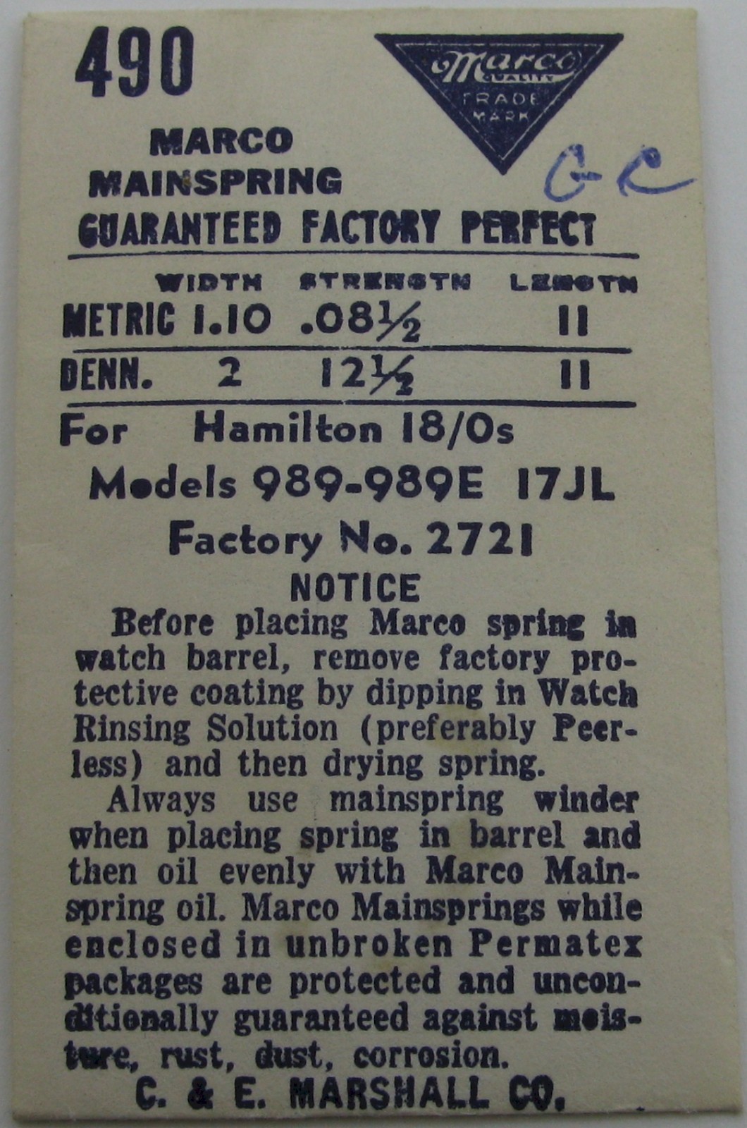 Hamilton 18/0s 2721 17 j. Watch part: T end Mainspring x1 brown alloy