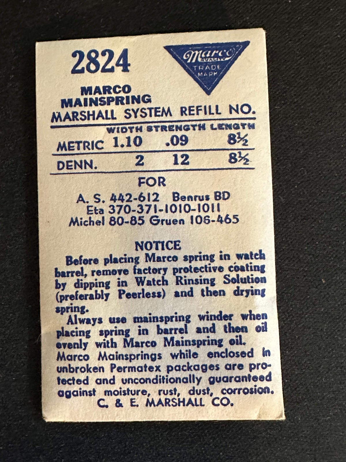 Marco Mainspring #2824 for A. Michel 80, 85, AS 442, 612, Gruen 106, 465 – Steel
