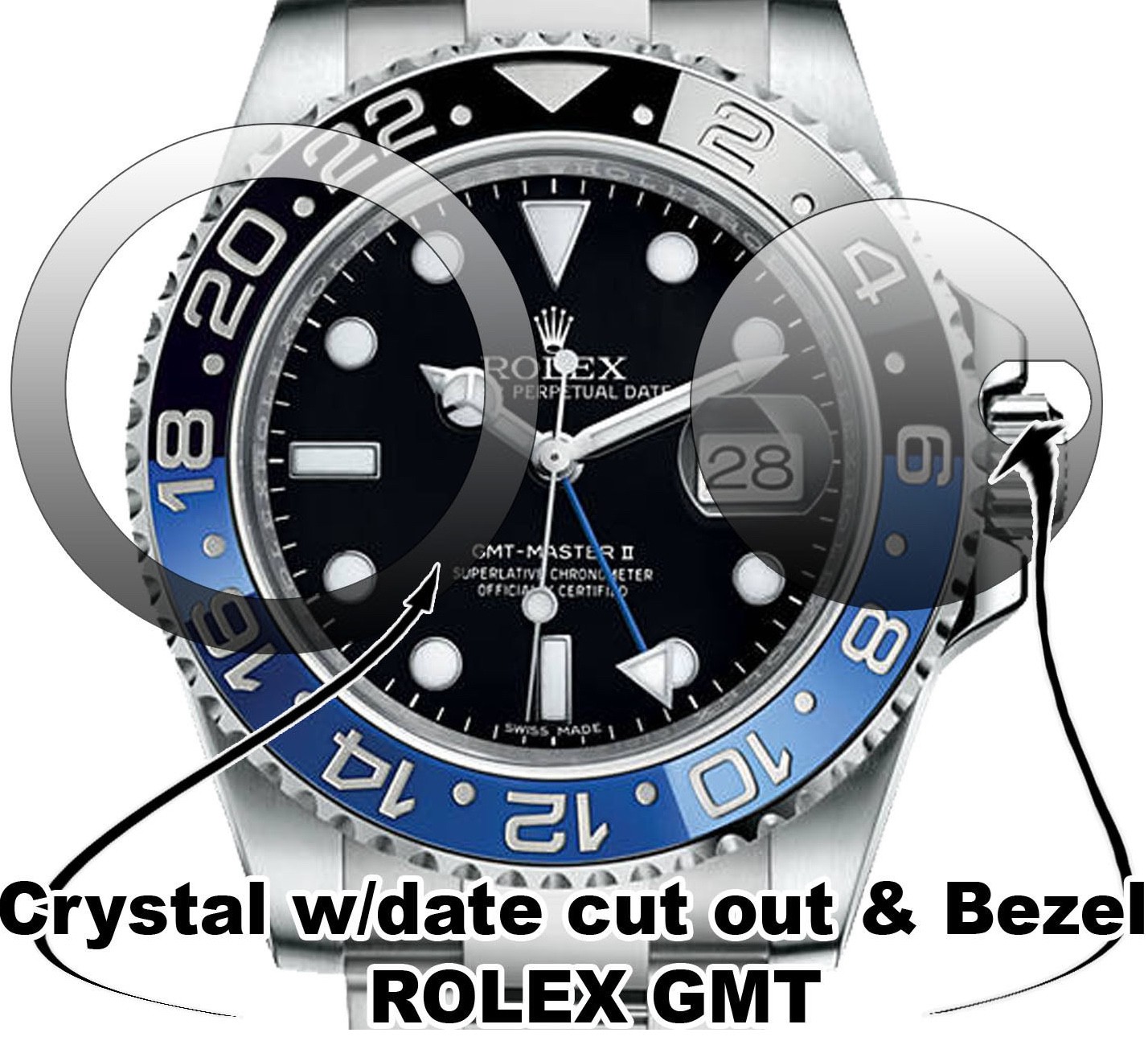 Protectors For Rolex GMT HD Crystal anti-scratch, Date Window and Bezel Set x2