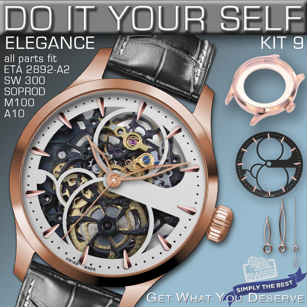 DO IT YOURSELF KIT 9: ELEGANCE CASE 34MM, DIAL, HANDS, fit ETA 2892-A2, SW300