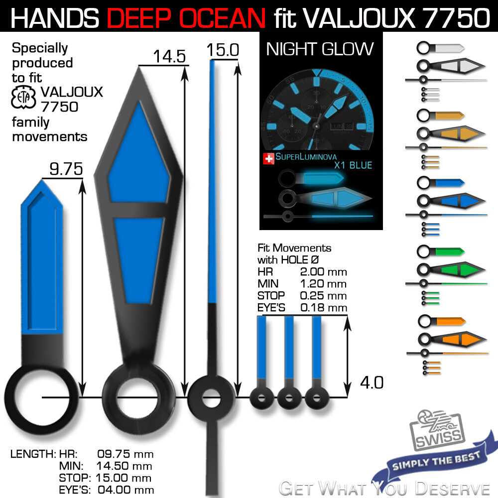 HANDS SET FOR MOVEMENT ETA VALJOUX 7750, DEEP OCEAN, SUPERLUMINOVA 5 COLORS