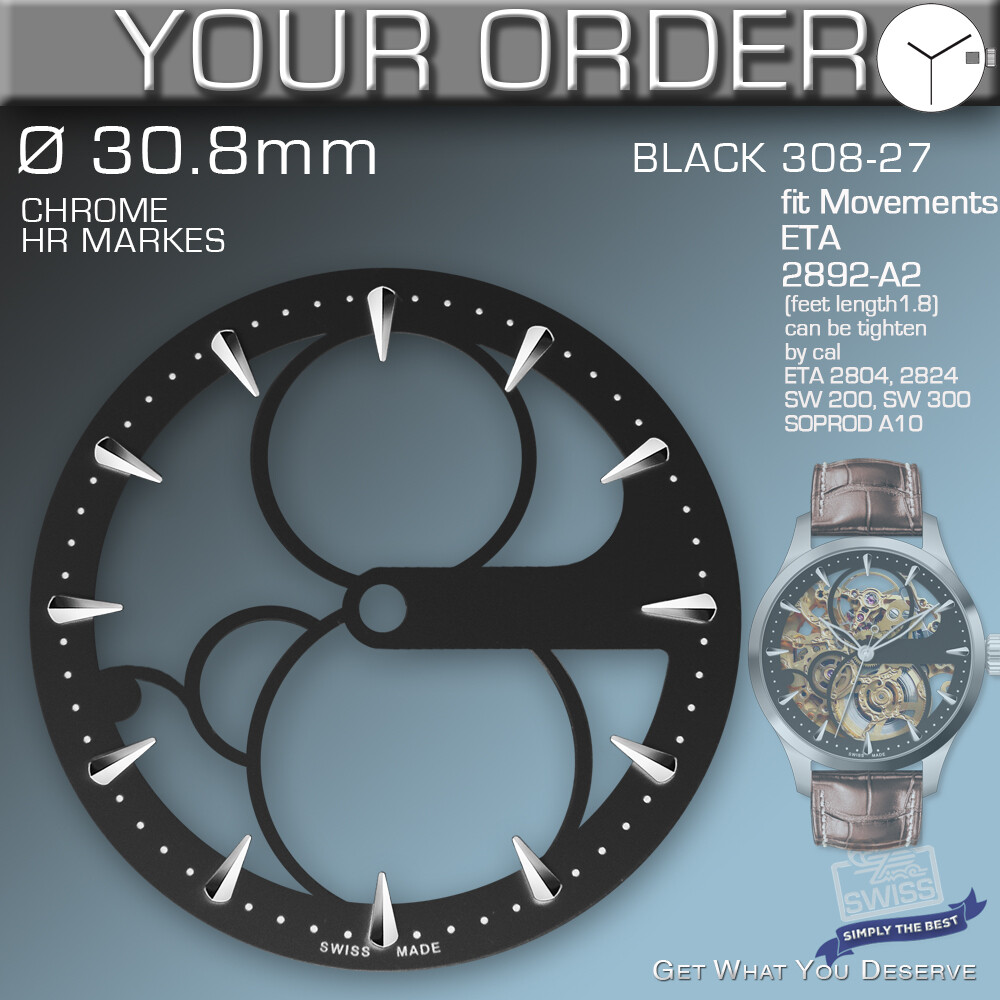 SKELETON-DIAL, ETA 2824-2,2892-A2, SW200,SW300, SOPROD A10, Ø30.8, Ref308-27-28