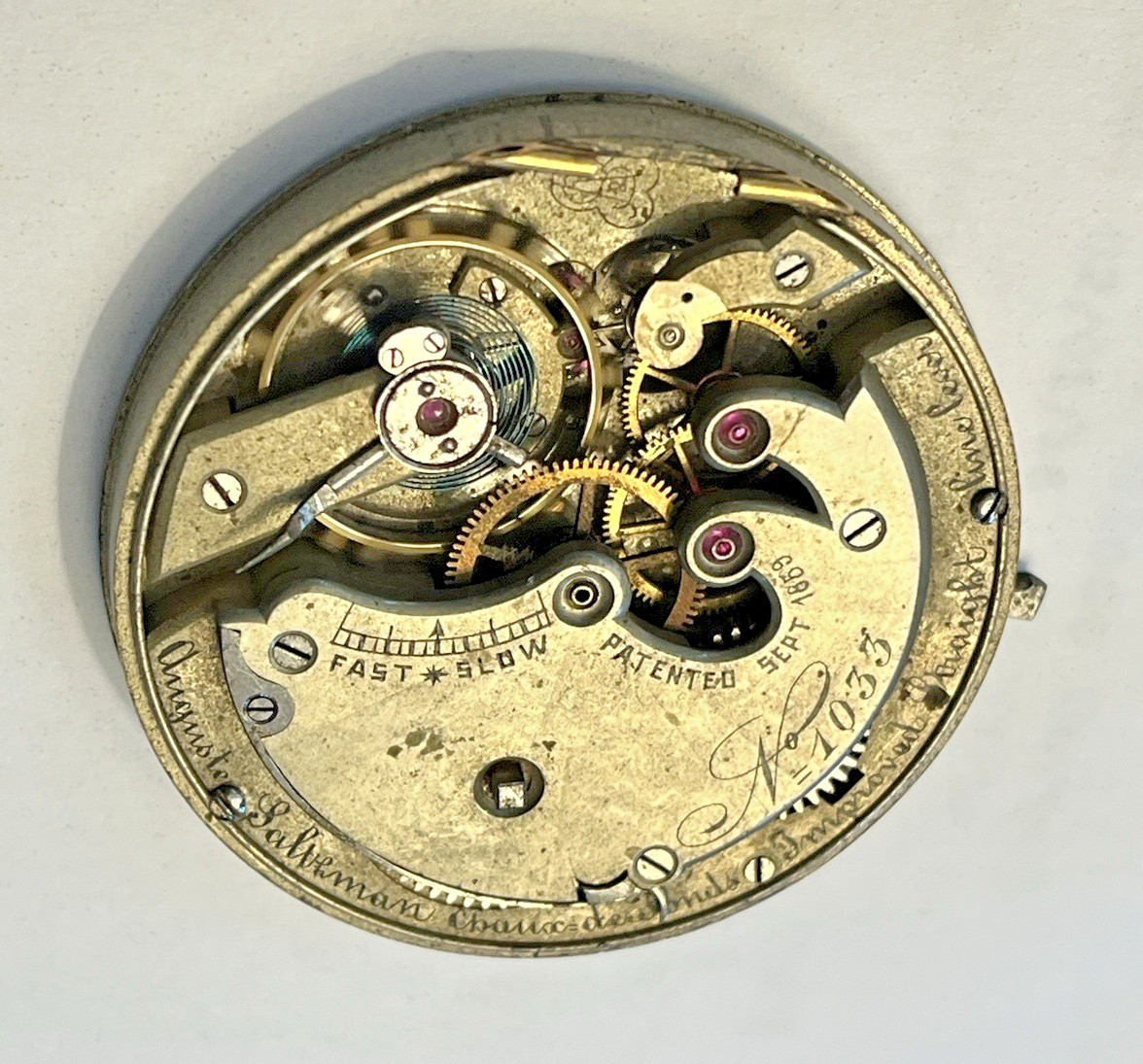 AUGUSTE SALTZMAN 45.22mm POCKET WATCH MOVEMENT RUNNING FREE SHIPPING