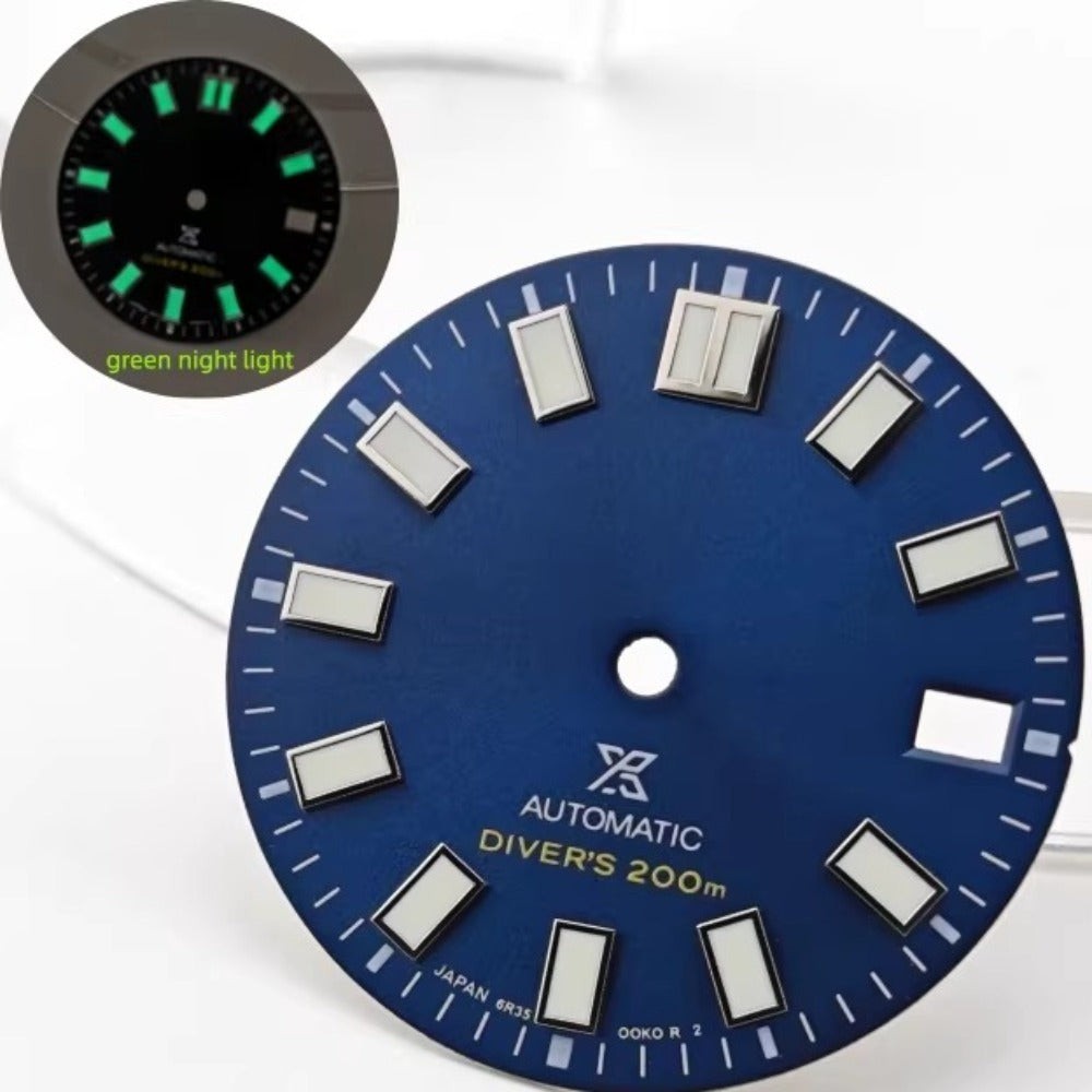 28.5mm Dark Blue with Green Lume Watch Dial for NH35 NH36 No Logo Diver’s 200m