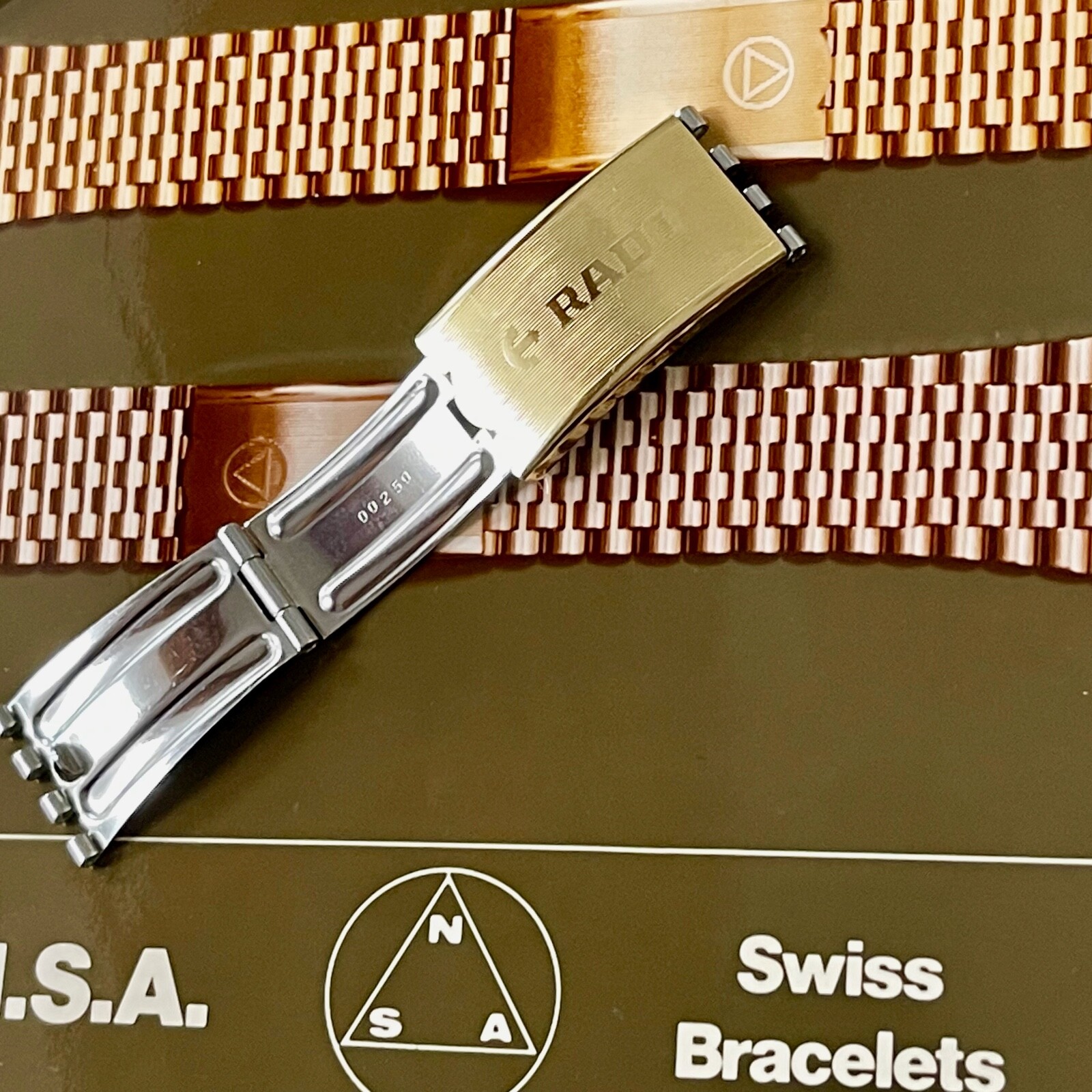 Vintage 7-row Rado NSA watch bracelet complete NOS clasp yellow gold plate Swiss