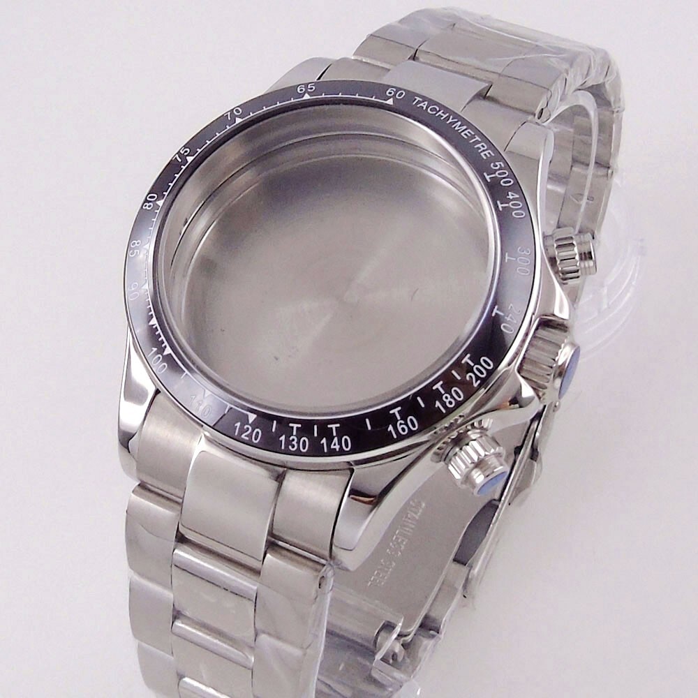 39mm Polished Mens Watch Case Bracelet Fit Quart VK64 VK63 Bow Sapphire Glass