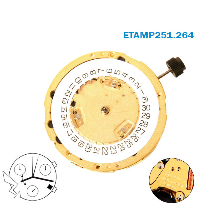ETA 251.264 Swiss Movement- 3 Hands White Date Disk At 4-Chronograph-H:7.38mm.